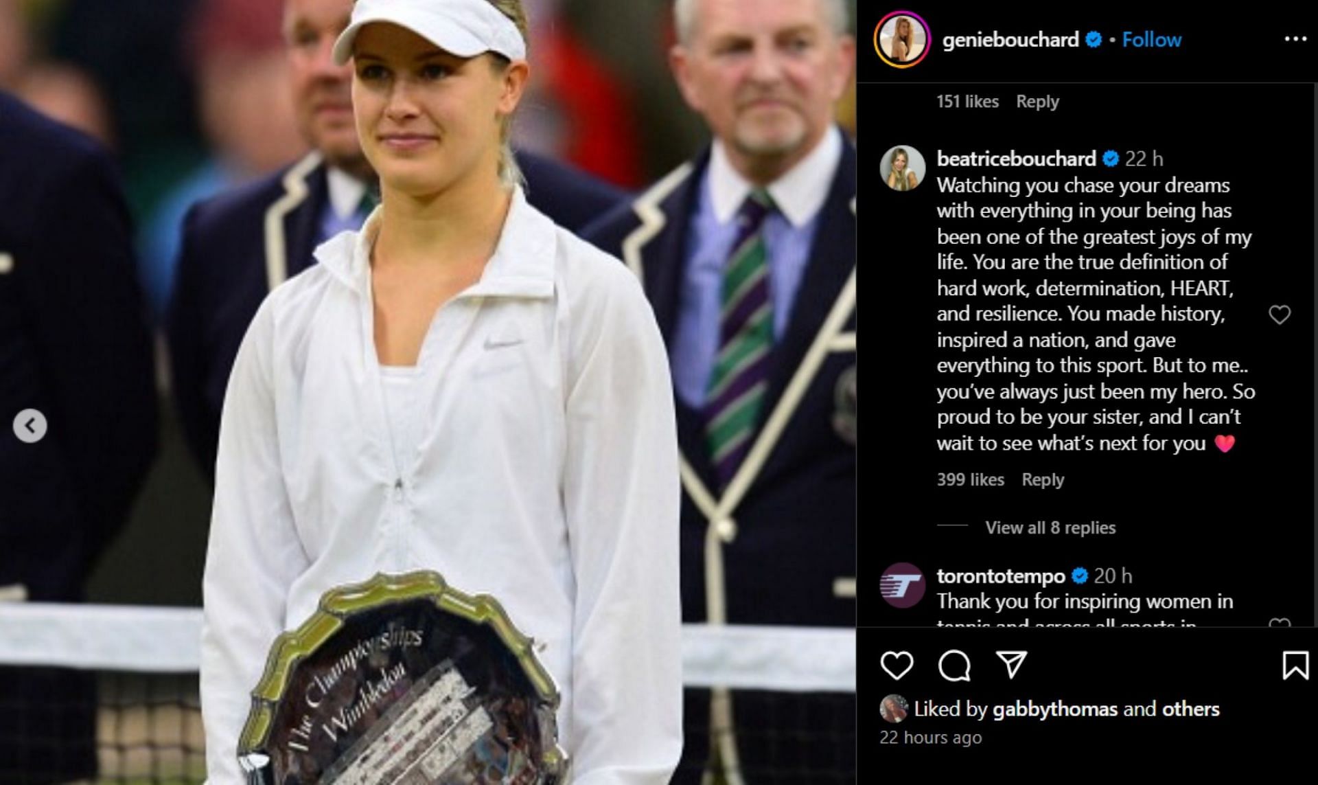 Beatrice comments on Eugenie's post; Instagram - @geniebouchard